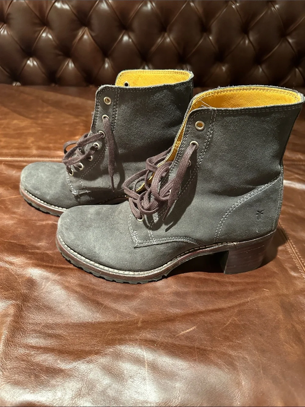 Frye Blue Gray Suede Lace-Up Ankle Boots with Yellow Interior.